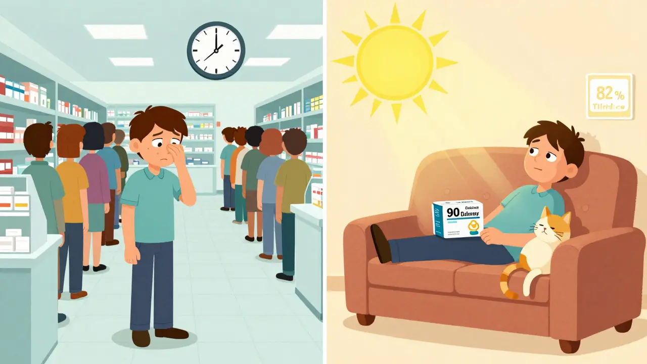 Sammenligning av stressende apotekbesøk og rolig hjemmeleveranse av medisiner.