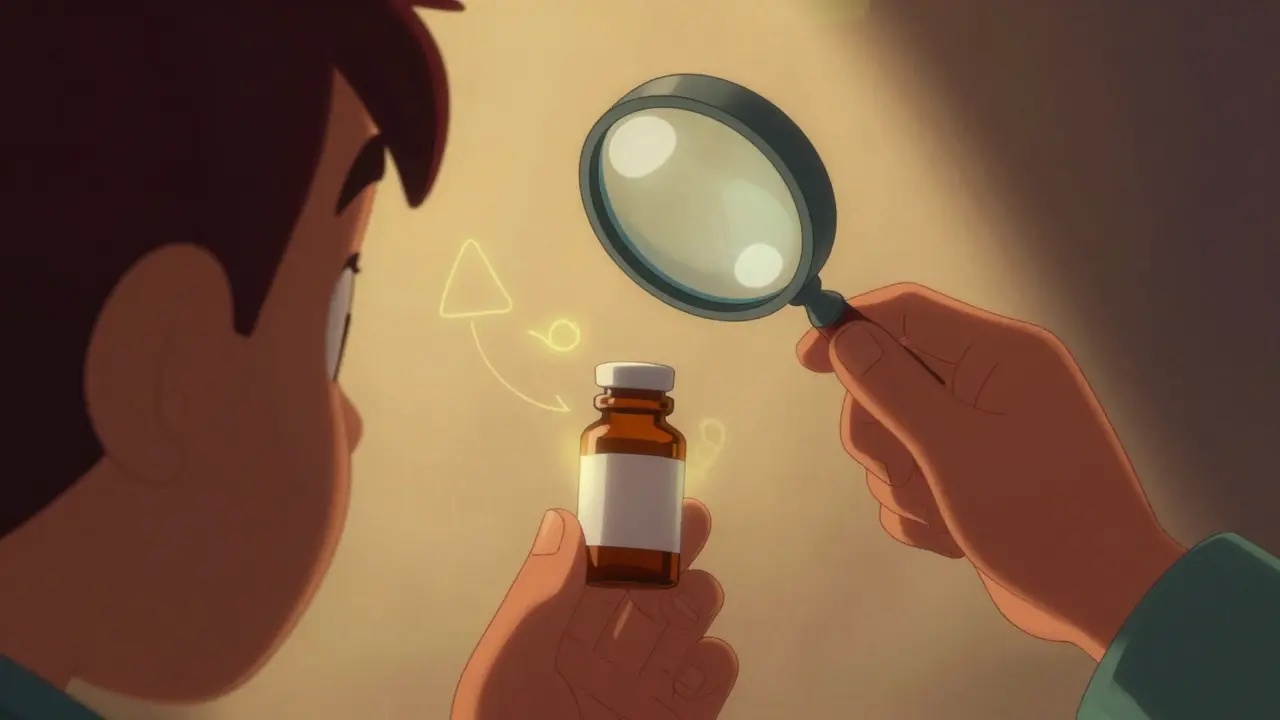 Tett inn på hender som undersøker et medisinflaskelapp nøye.