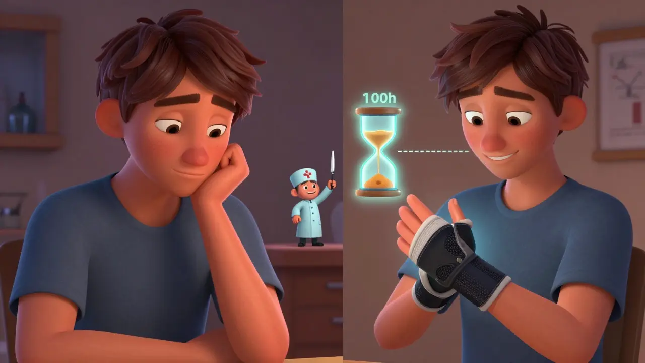 To sider av samme person: en med ubehandlet kribbling og en som har startet behandling, med en tidslinje som viser 10-månedsfristen.