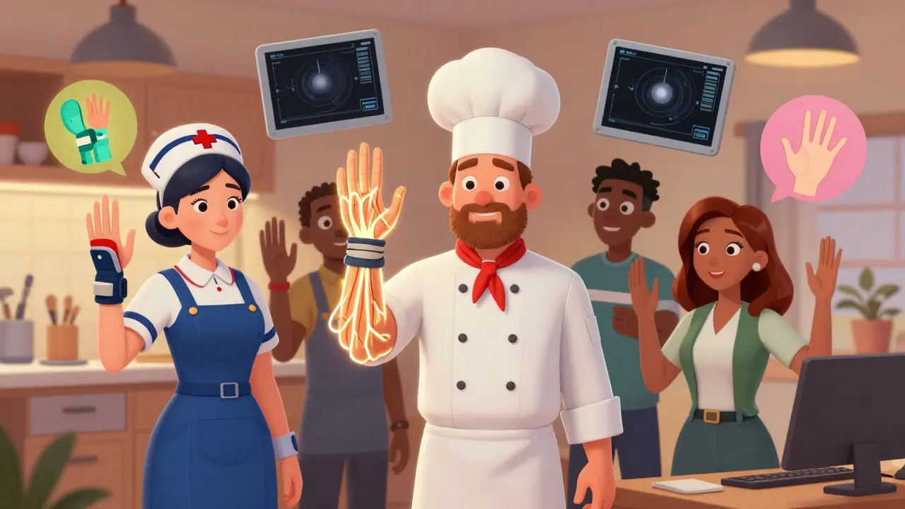 Tre norske yrkesutøvere med visuelle tegn på carpal tunnel syndrom, omgitt av helseverktøy som vristbeskytter og ultralyd-scan.