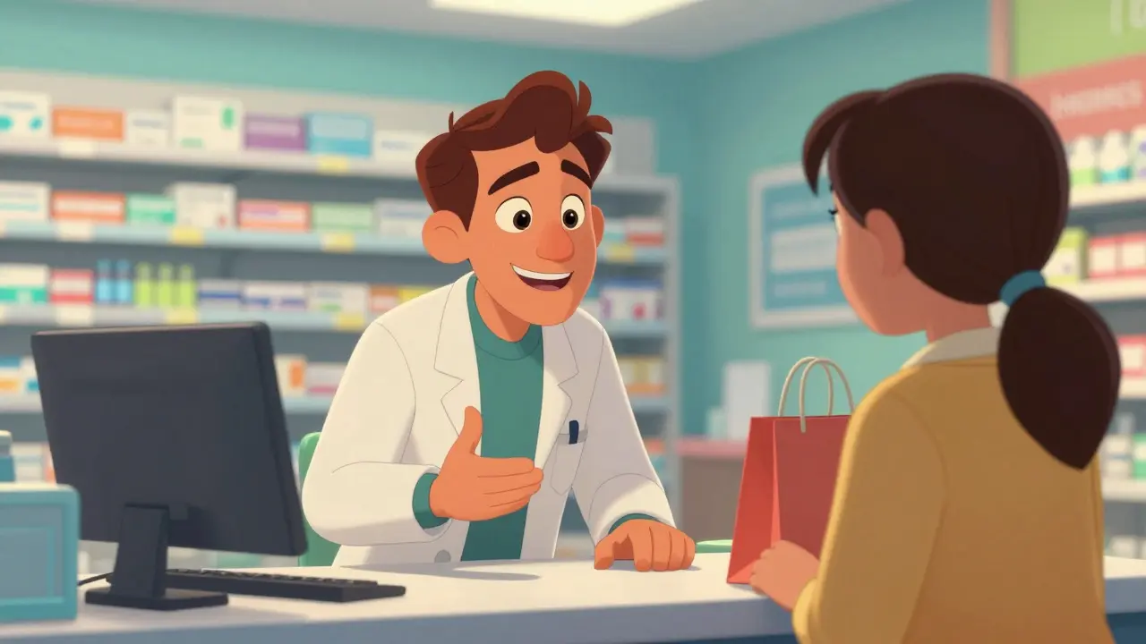 Vennlig farmasøyt gir råd til kunde ved disk i apoteket.