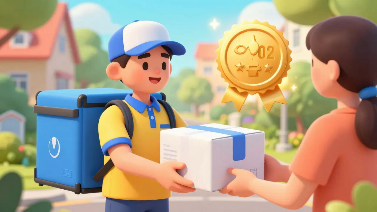 En budbringer som leverer en trygg medisinpakke til en pasient