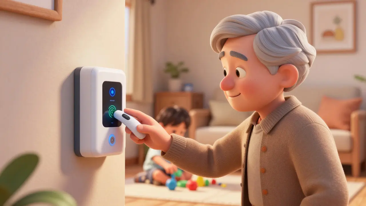 En eldre person som trygt bruker en biometrisk låsboks for medisiner