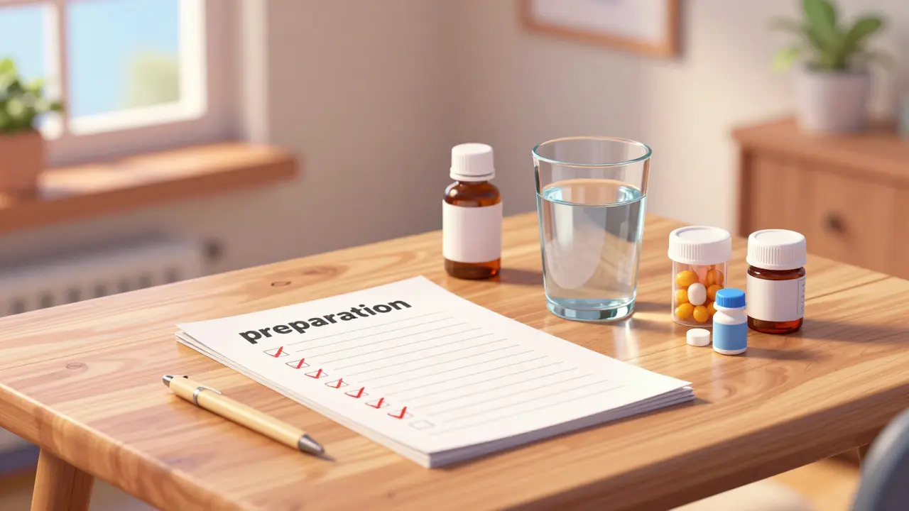 En organisert medisinliste og vannglass på et bord i et hjemmemiljø.