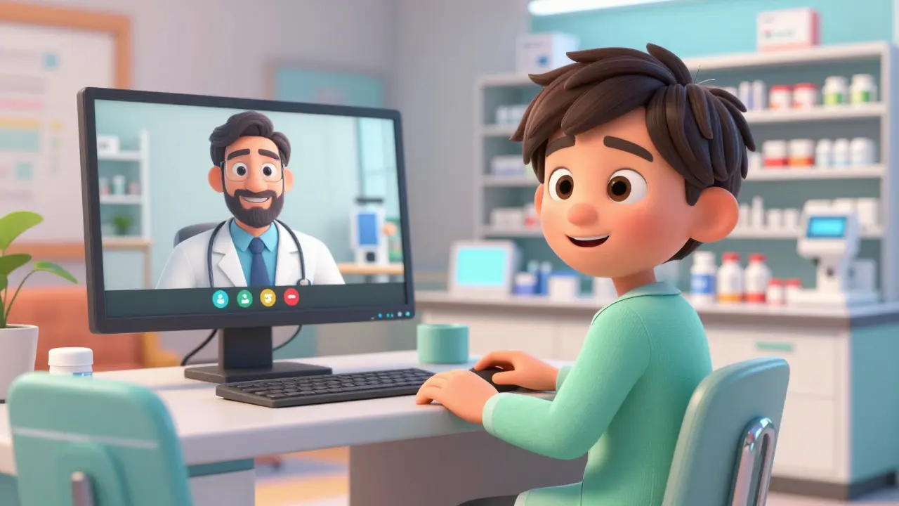 En pasient i videokonsultasjon med en lege og et profesjonelt apotek