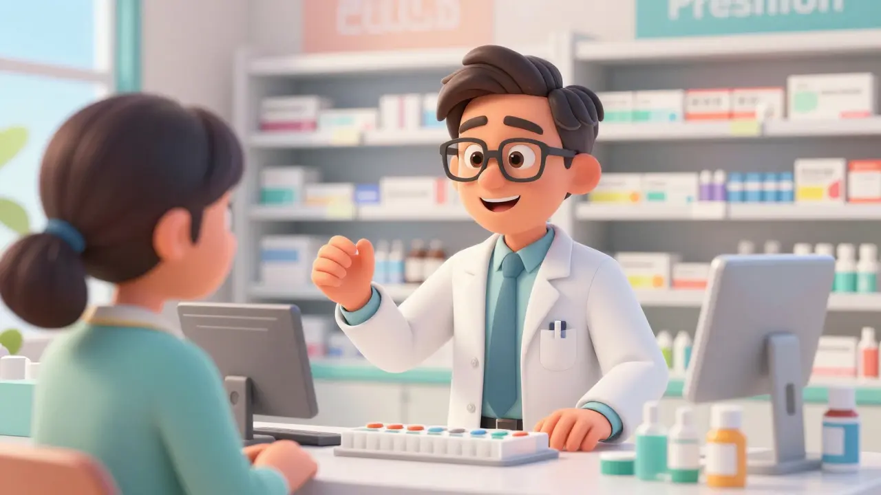 En vennlig farmasøyt som gir veiledning om trygg medisinbruk på et apotek