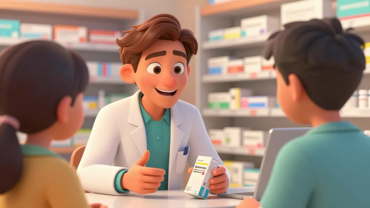 En vennlig farmasøyt som gir veiledning på et apotek i animasjonsstil.