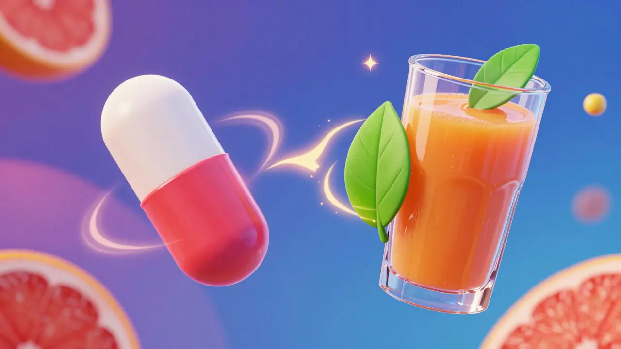 Konseptuell illustrasjon av interaksjon mellom medisiner, juice og kosttilskudd.