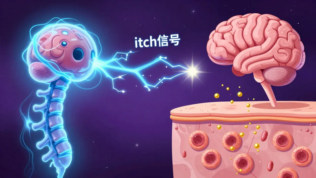 Konseptuell illustrasjon av opioidreseptorer i ryggmargen og histamin i huden.