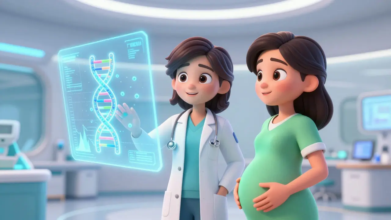 Lege og gravid kvinne ser på et holografisk AI-diagram over TSH-nivåer