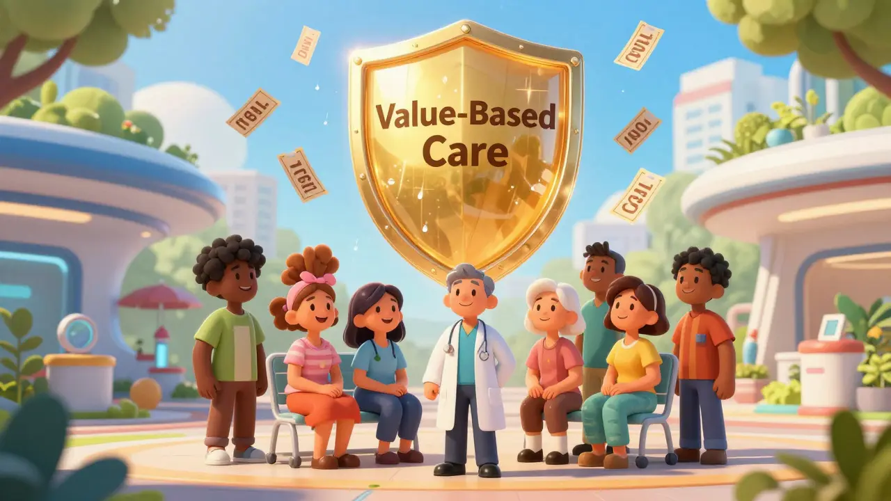 Legen og pasienter i et moderne helsemiljø som symboliserer verdibasert behandling.