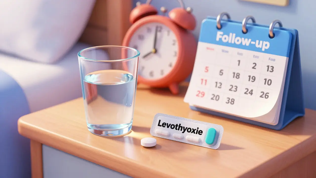 Medisin og vann på et nattbord i morgenlys