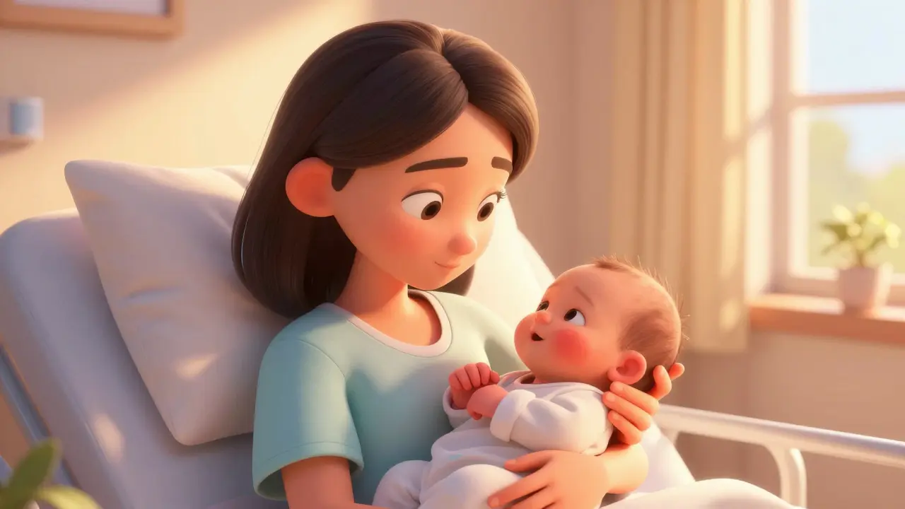 Nybakte mor som holder barnet sitt i en rolig og fredelig atmosfære.