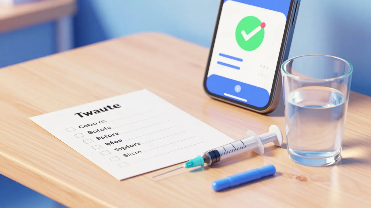 Organisert medisinliste og måleutstyr på et bord i animasjonsstil.