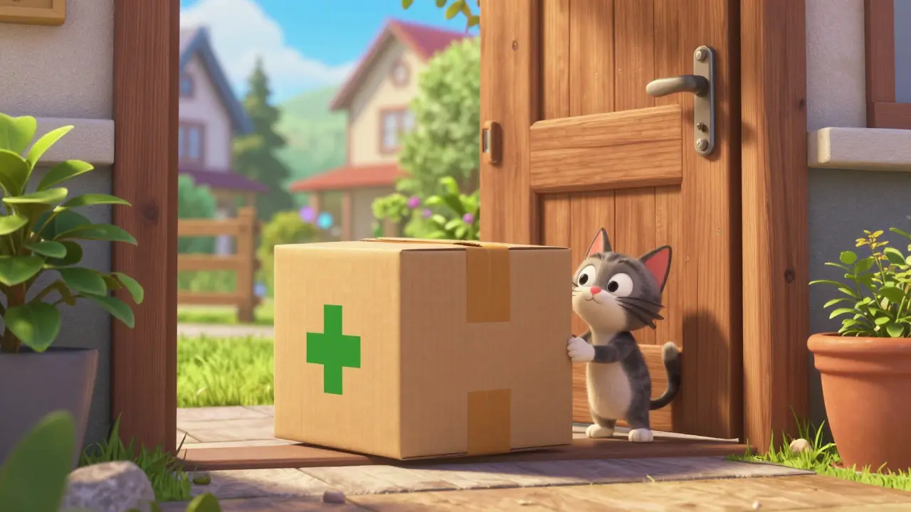 Sikker levering av medisiner fra godkjent apotek på en solfylt trapp