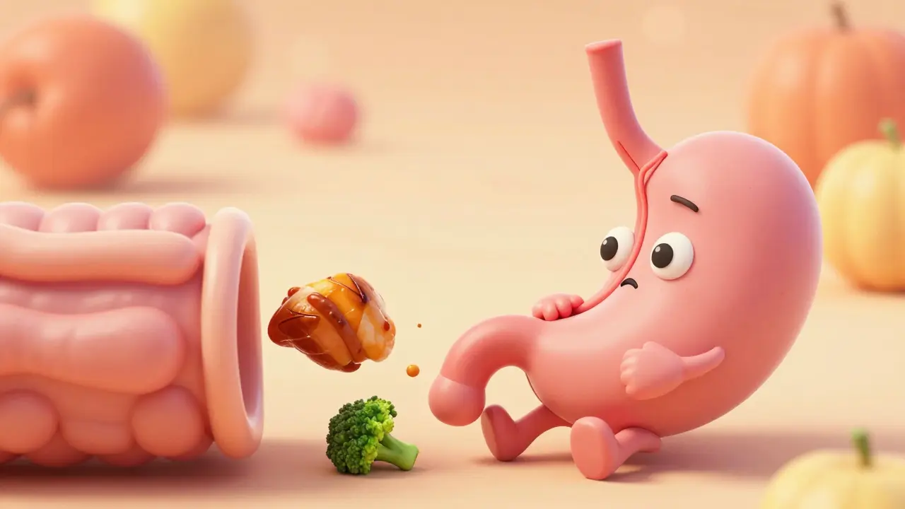 Stilisert illustrasjon av en mage som jobber sakte med å fordøye mat