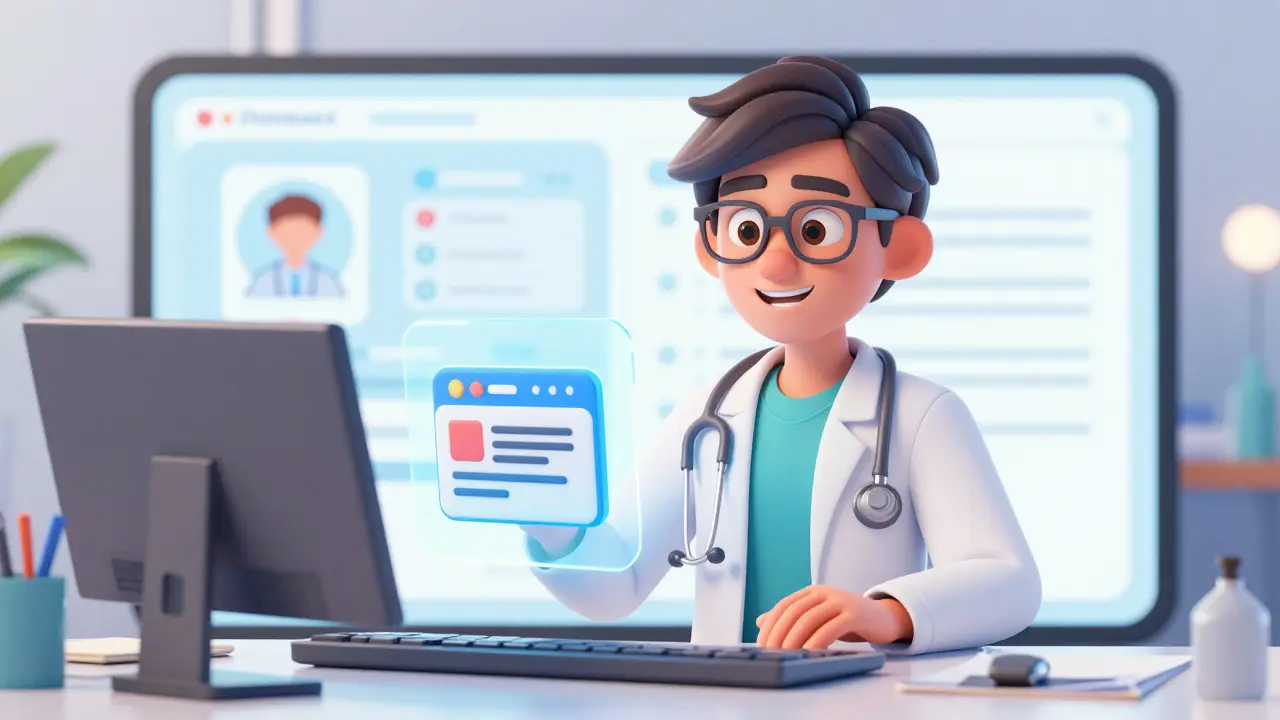  Vennlig lege på skjerm under telemedisinsk vurdering med digital resept