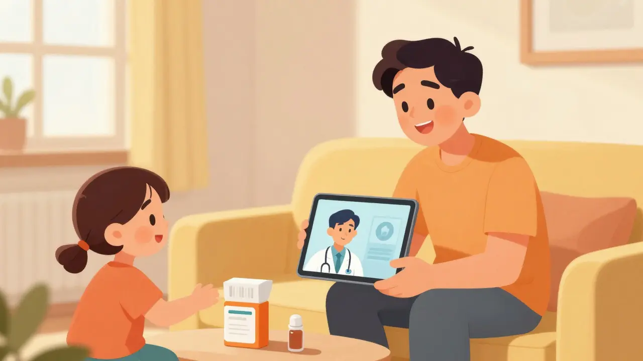 Happy family consulting doctor for medication safely at home