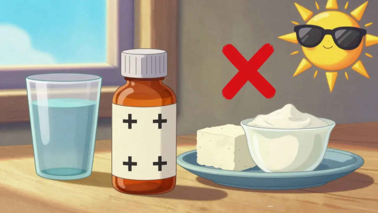 Medisinflaske med advarsel om melk og sollys