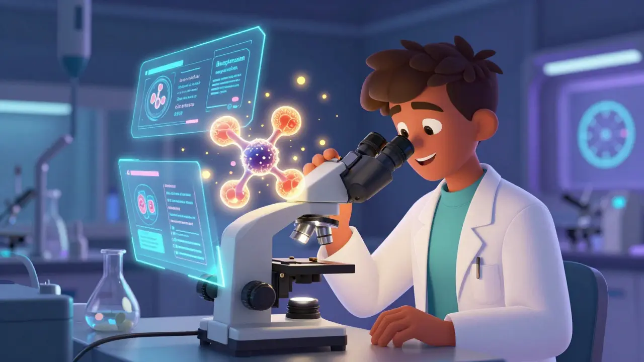 En forsker studerer et glødende biologisk molekyl i et futuristisk laboratorium