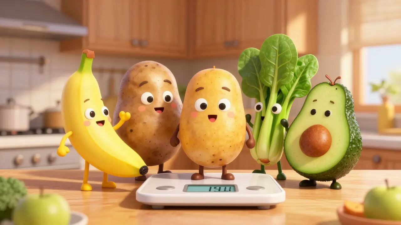 Fruktfigurer ved en vektskala som symboliserer elektrolyttbalanse.