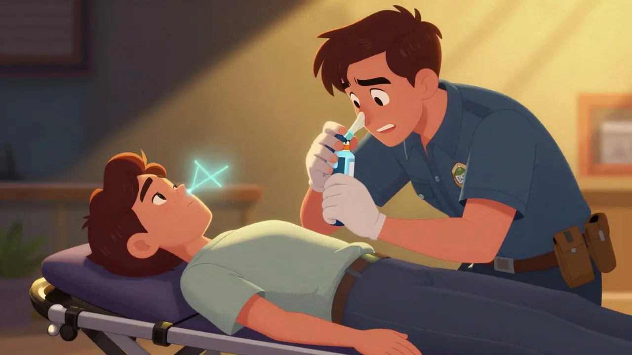 Redningsteam gir naloxon-spray til en pasient i nød