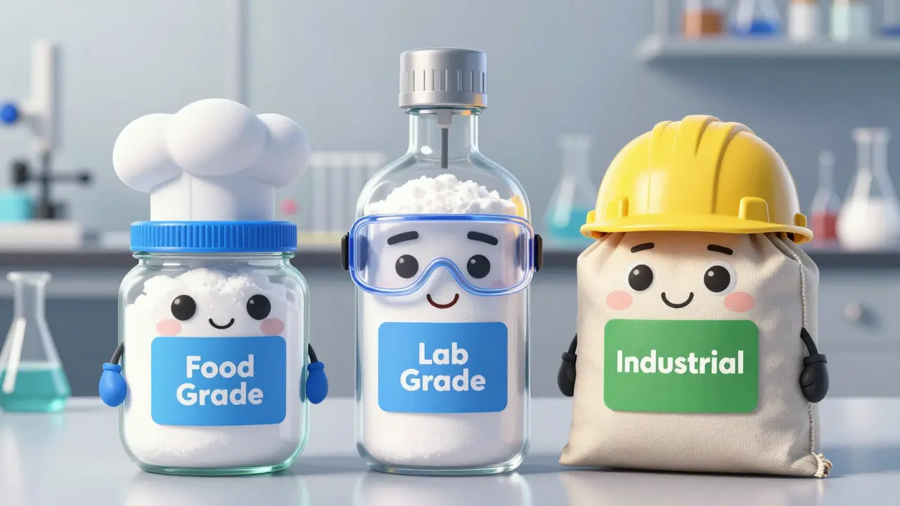 Tre personifiserte natriumbikarbonat-beholdere i laboratoriestil